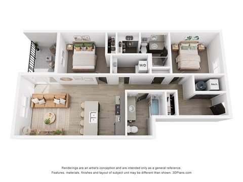 A 3D floor plan of a house with labeled rooms.